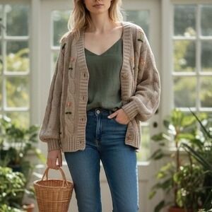 in loom Taupe Cable Knit Cardigan with Floral Embroidery Women Small